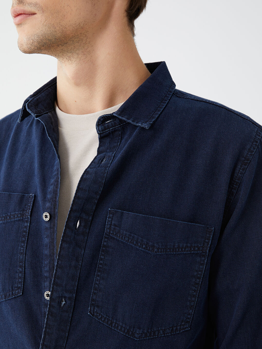 İndigo Slim Fit Uzun Kollu Erkek Jean Gömlek-3