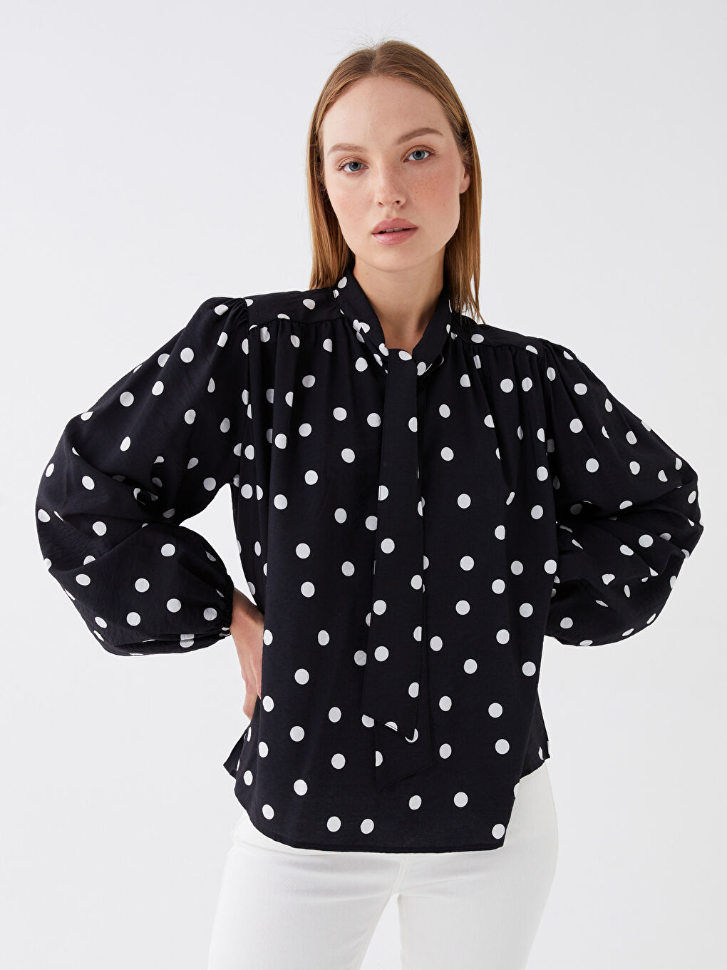 Tie Neck Polka Dot Long-Sleeve Oversized Women's Blouse