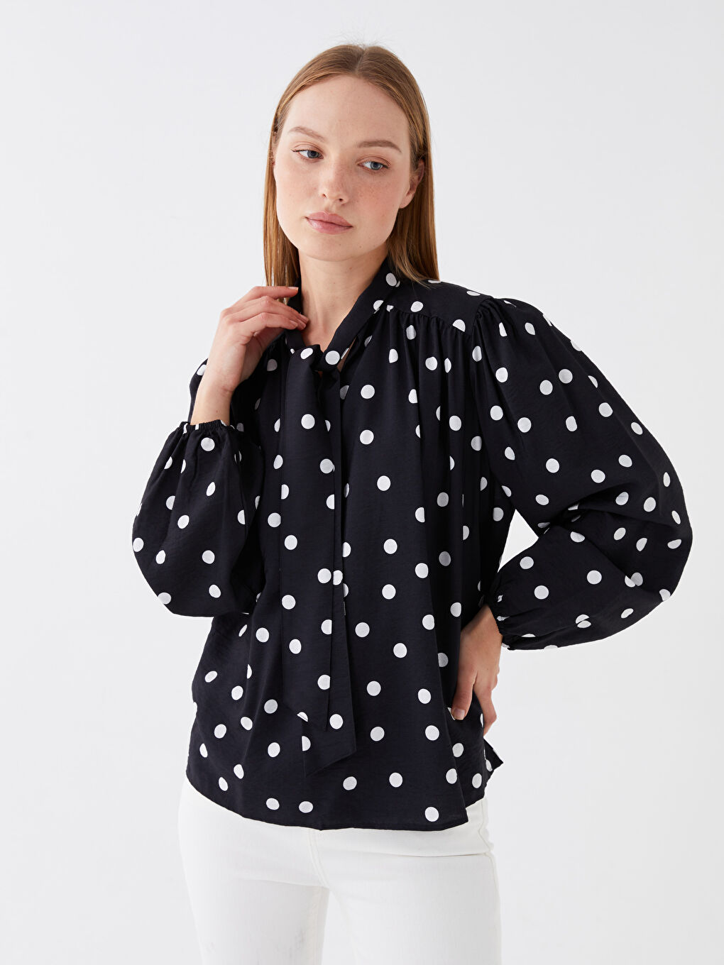 Tie Neck Polka Dot Long-Sleeve Oversized Women's Blouse-1