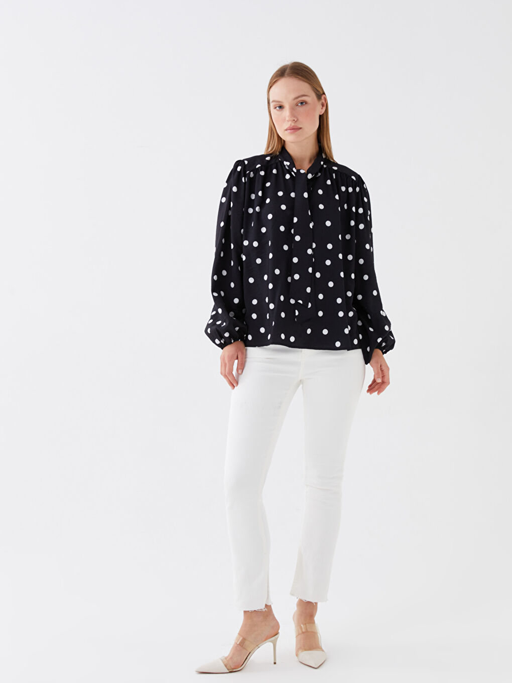 Tie Neck Polka Dot Long-Sleeve Oversized Women's Blouse-2
