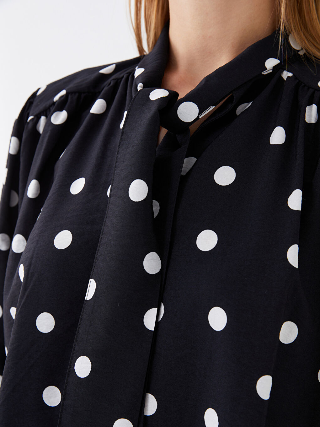 Tie Neck Polka Dot Long-Sleeve Oversized Women's Blouse-3