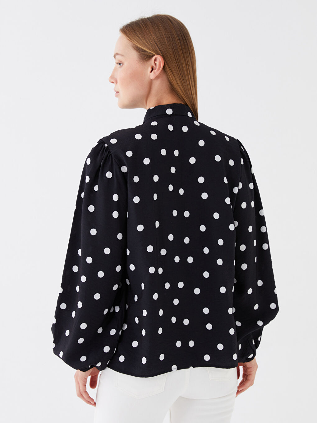 Tie Neck Polka Dot Long-Sleeve Oversized Women's Blouse-4