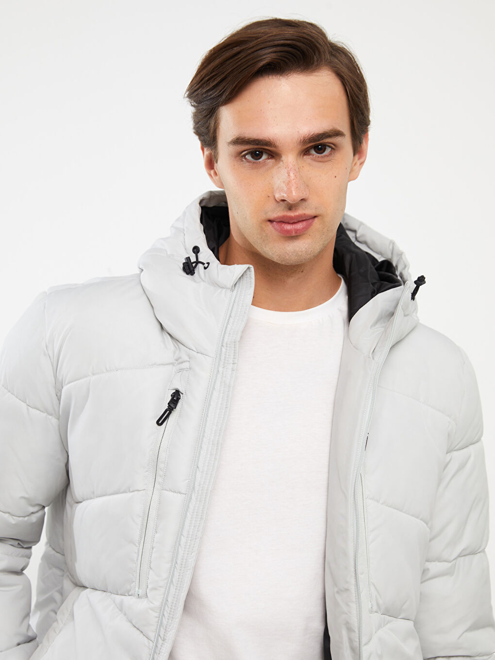 Gri Slim Fit Kapüşonlu Erkek Şişme Mont-1