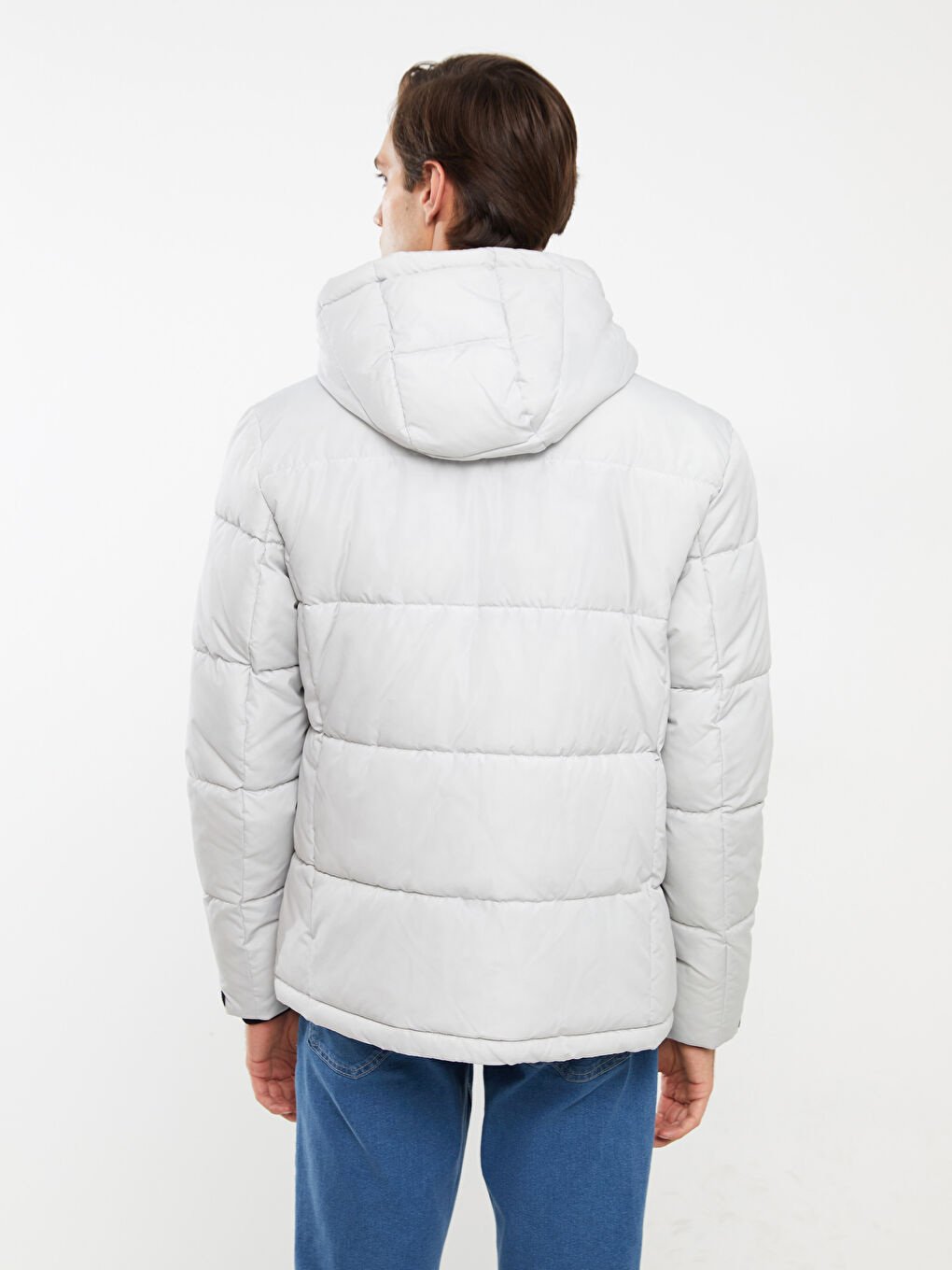 Gri Slim Fit Kapüşonlu Erkek Şişme Mont-5