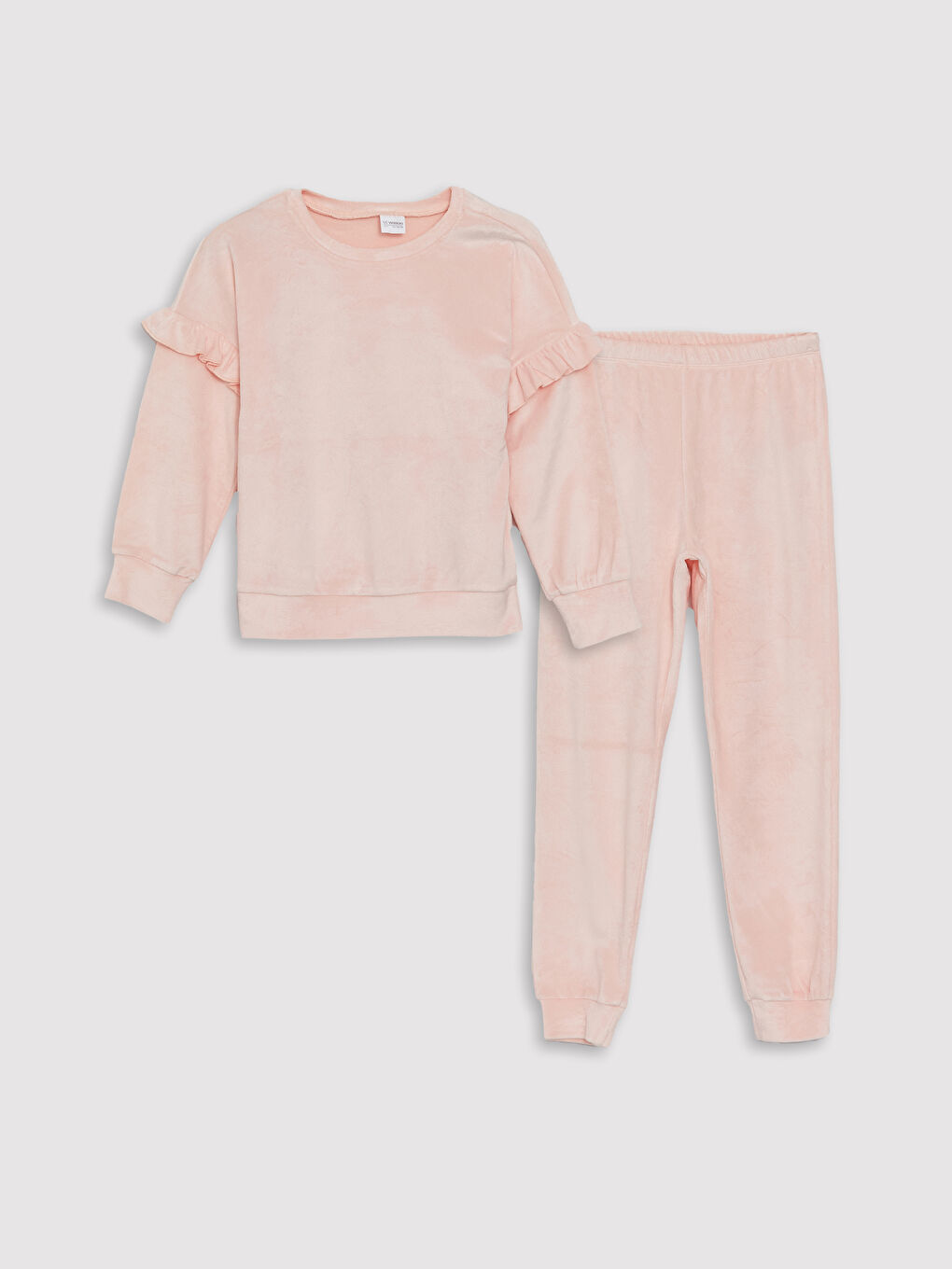 Pembe Bisiklet Yaka Uzun Kollu Kız Çocuk Kadife Pijama Takımı