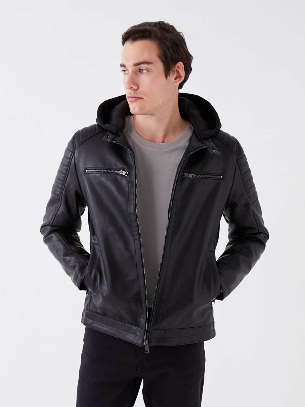Slim Fit Kapüşonlu Erkek Deri Görünümlü Mont-1
