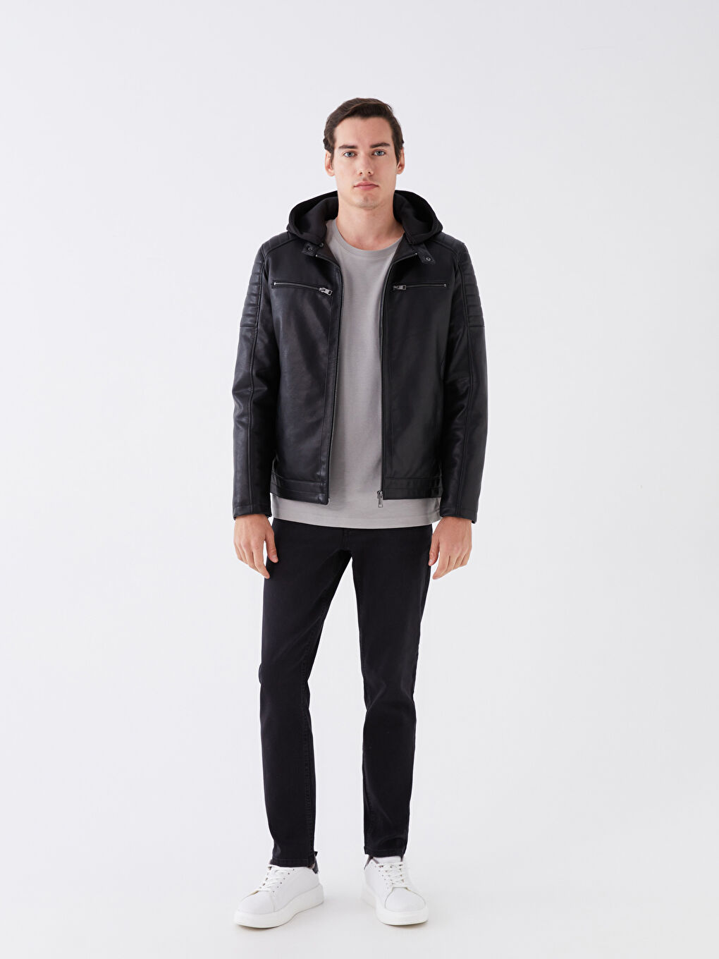 Slim Fit Kapüşonlu Erkek Deri Görünümlü Mont-2