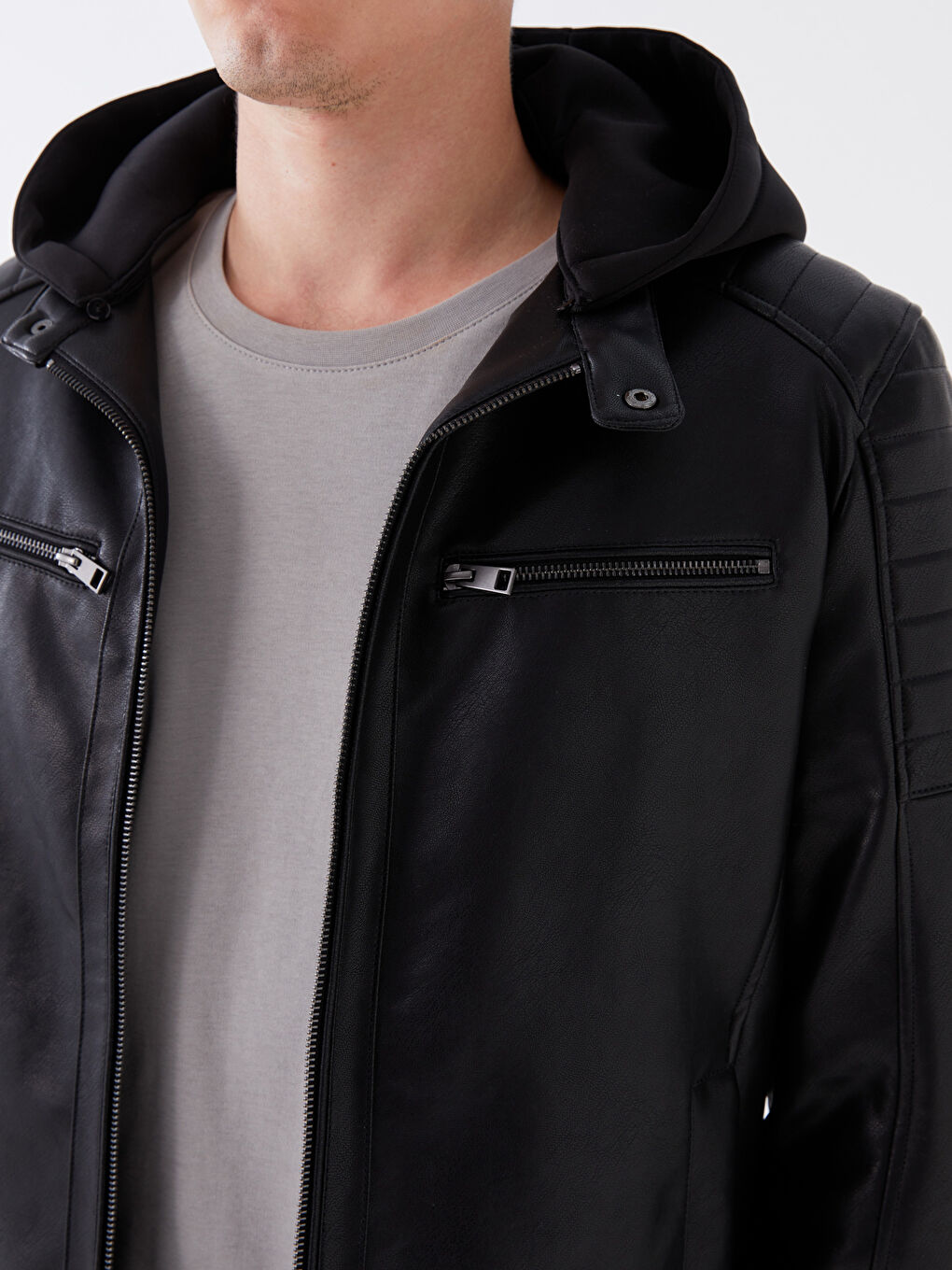 Slim Fit Kapüşonlu Erkek Deri Görünümlü Mont-3