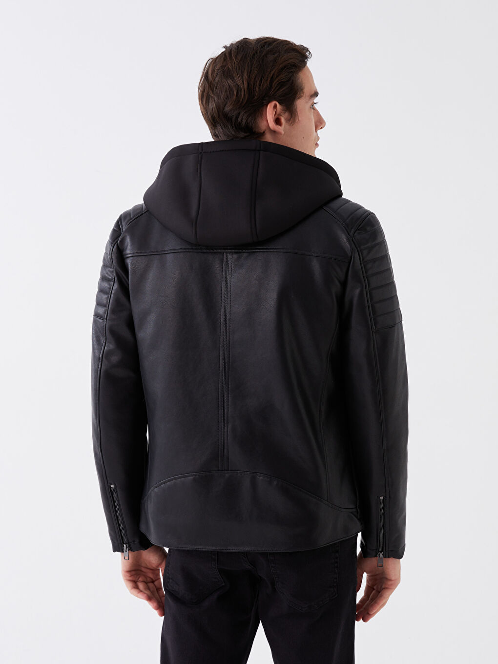 Slim Fit Kapüşonlu Erkek Deri Görünümlü Mont-6