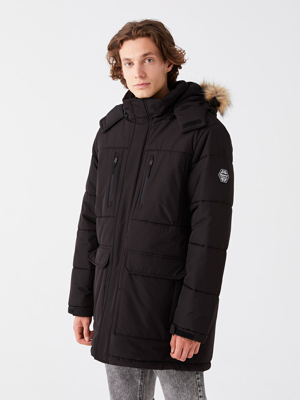 Siyah Standart Kalıp Kapüşonlu Erkek Şişme Mont