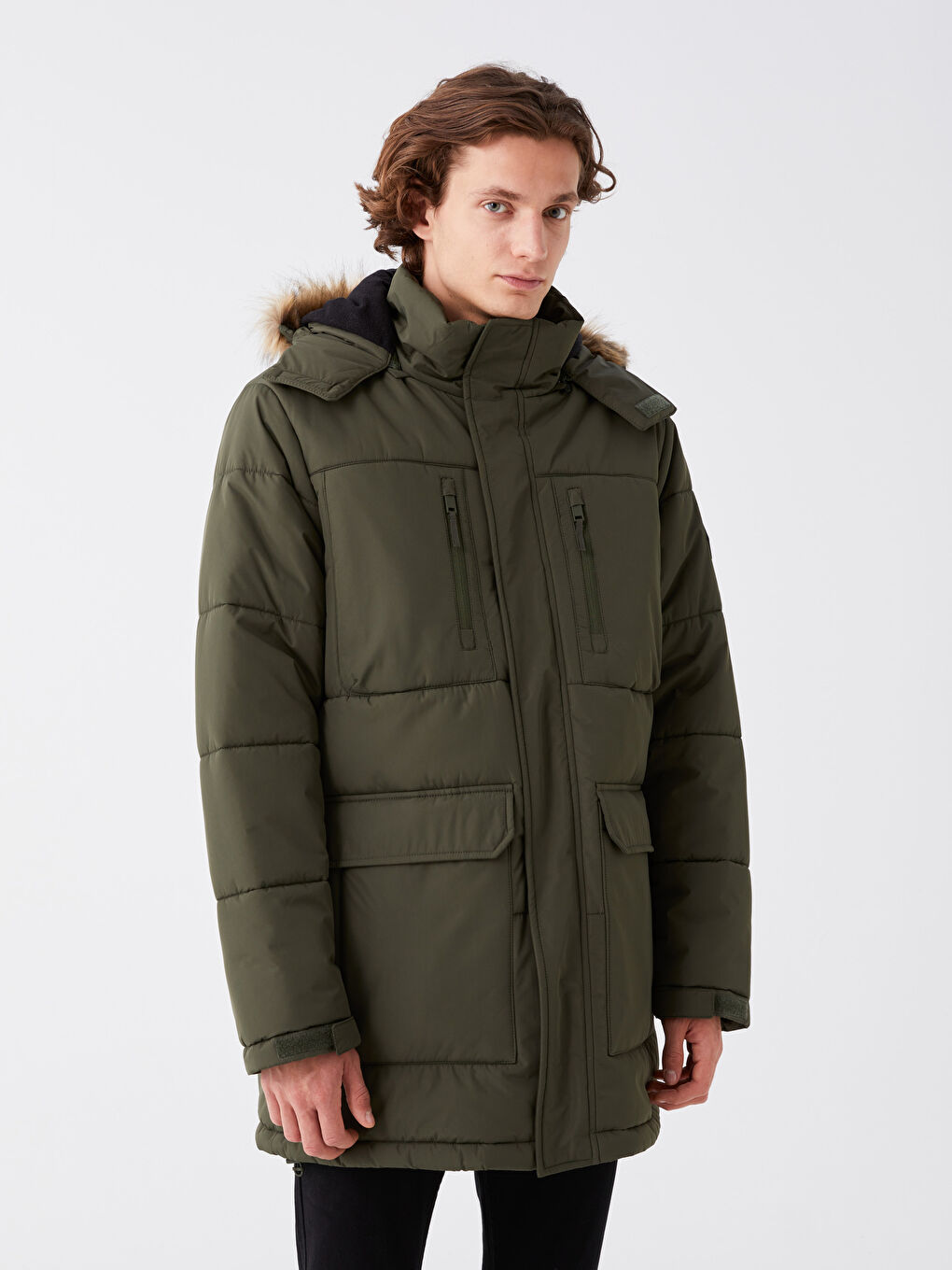 Yeşil Standart Kalıp Kapüşonlu Erkek Şişme Mont