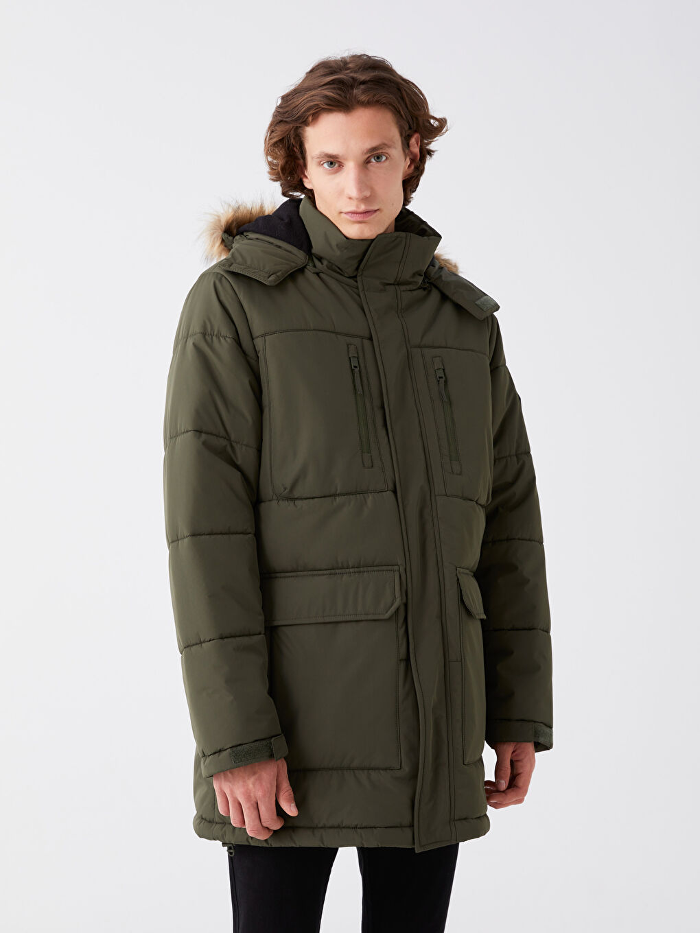 Yeşil Standart Kalıp Kapüşonlu Erkek Şişme Mont-1