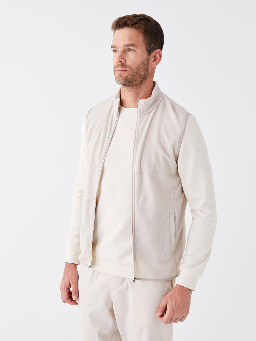 Bej Rahat Kalıp Dik Yaka Polar Erkek Yelek