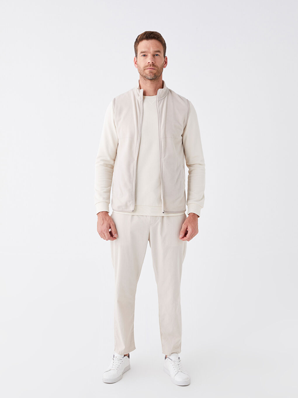 Bej Rahat Kalıp Dik Yaka Polar Erkek Yelek-2