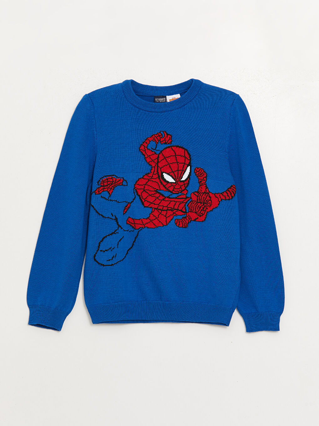 LCW Kids Orta Mavi Bisiklet Yaka Spiderman Desenli Uzun Kollu Erkek Çocuk Triko Kazak