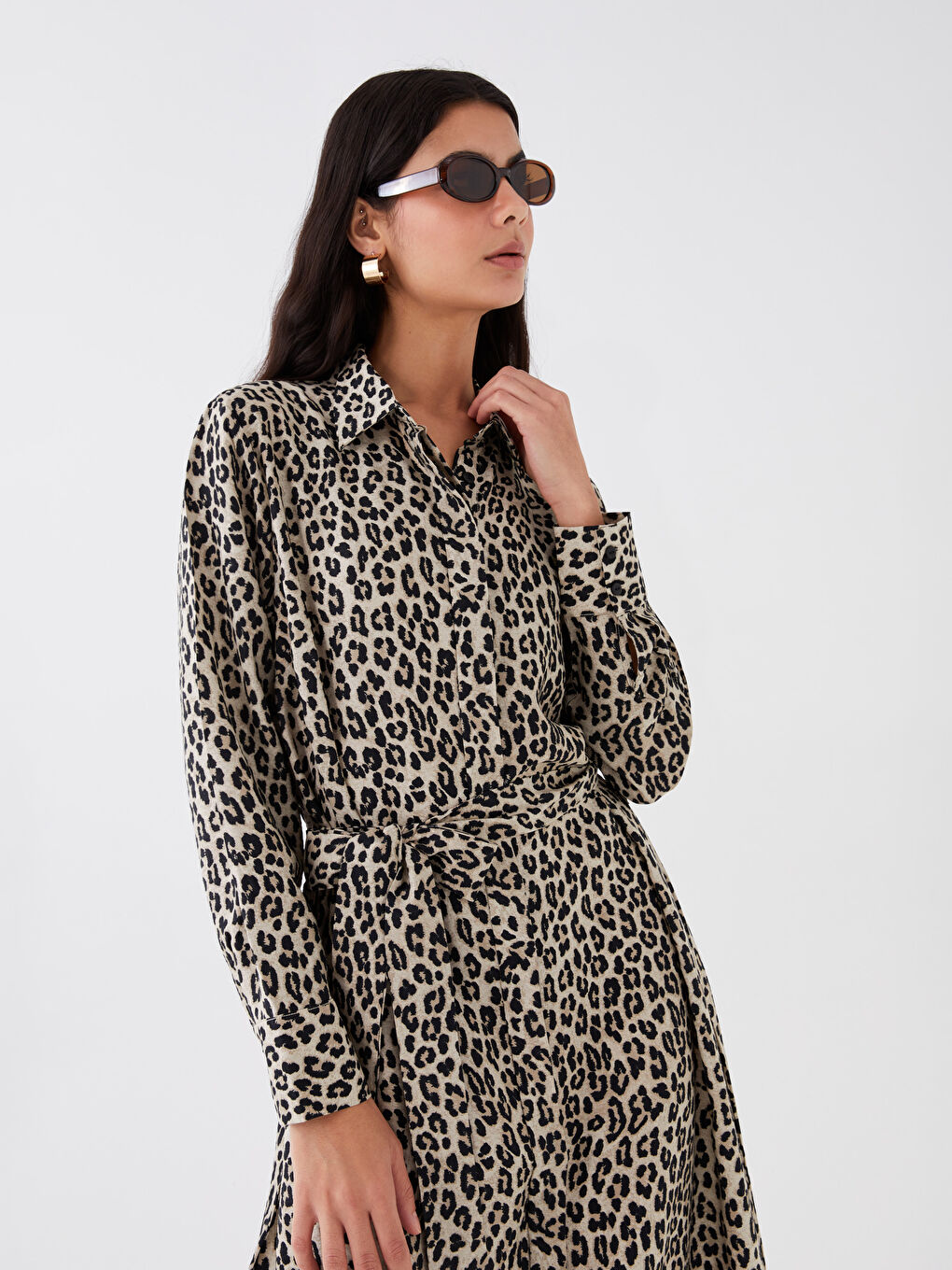 Robe Chemise à Motifs à Manches Longues pour Femmes-2