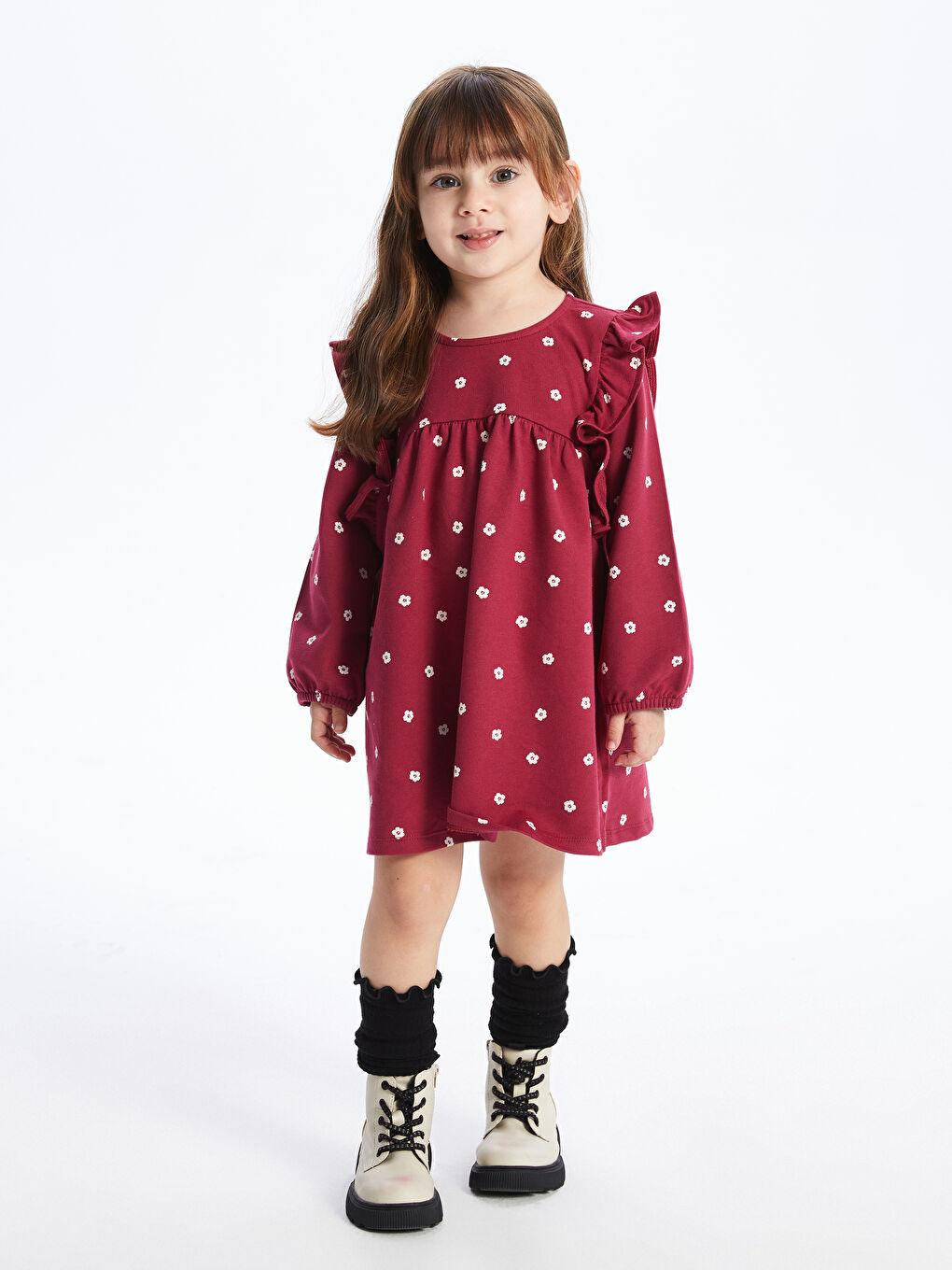 Crew Neck Patterned Baby Girls' Dress-1