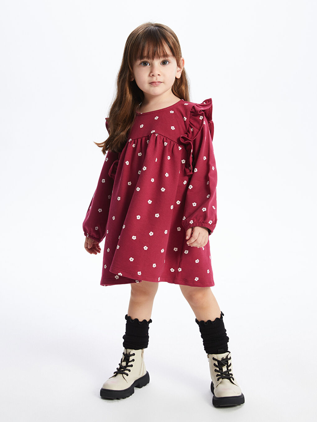 Crew Neck Patterned Baby Girls' Dress-2