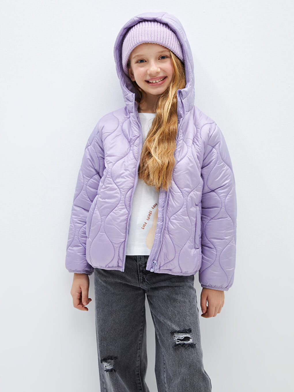 Mor Kapüşonlu Kapitone Kız Çocuk Mont-2