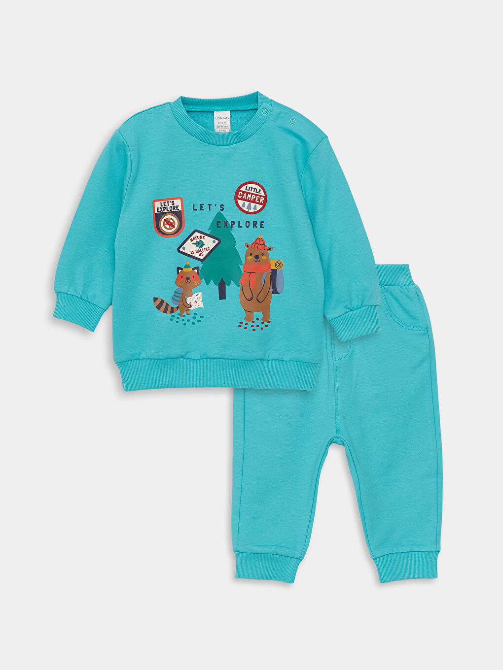 LCW baby Turkuaz Bisiklet Yaka Uzun Baskılı Erkek Bebek Sweatshirt ve Pantolon 2'li Takım