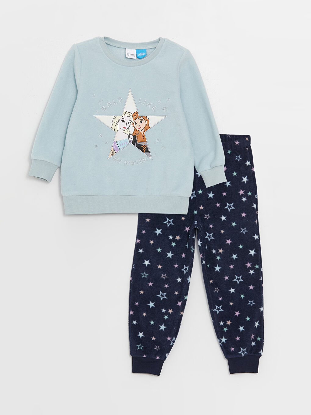 LCW Kids Açık Mavi Bisiklet Yaka Frozen Baskılı Uzun Kollu Polar Kız Çocuk Pijama Takımı