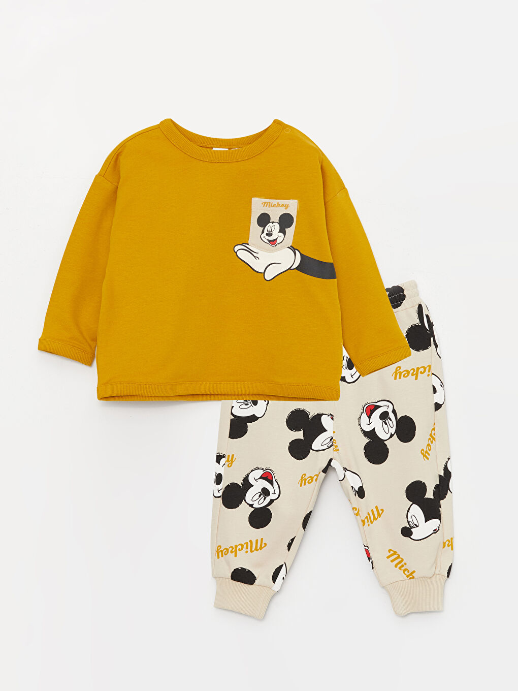 LCW baby Crew Neck Mickey Mouse Printed Baby Boys' T-Shirt and Tracksuit Bottom 2 Pack Set -W36379Z1-SV4