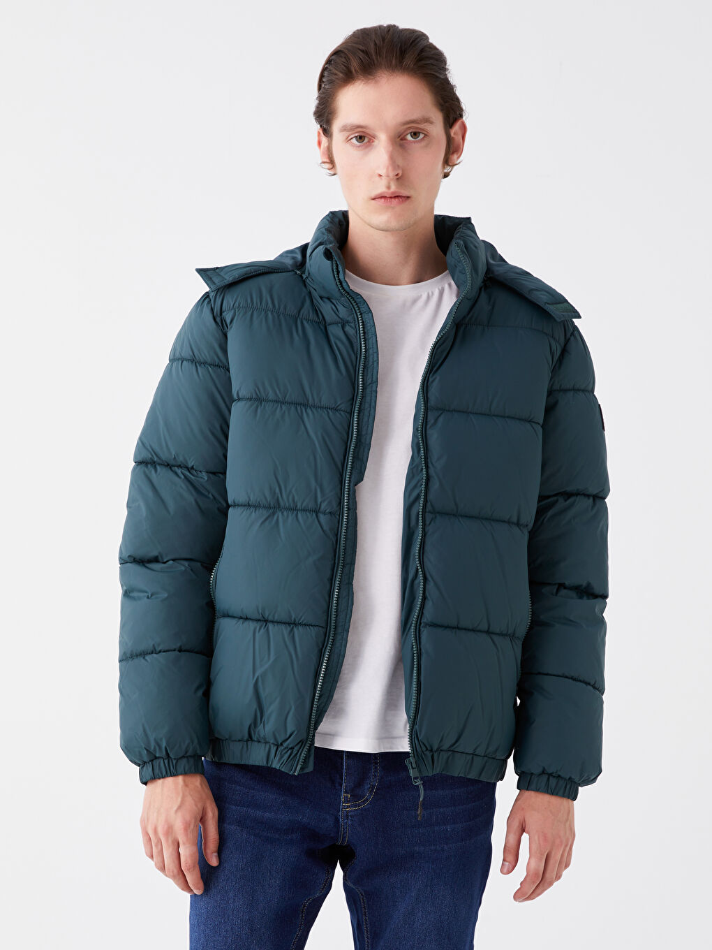 Petrol Standart Kalıp Kapüşonlu Erkek Şişme Mont-2