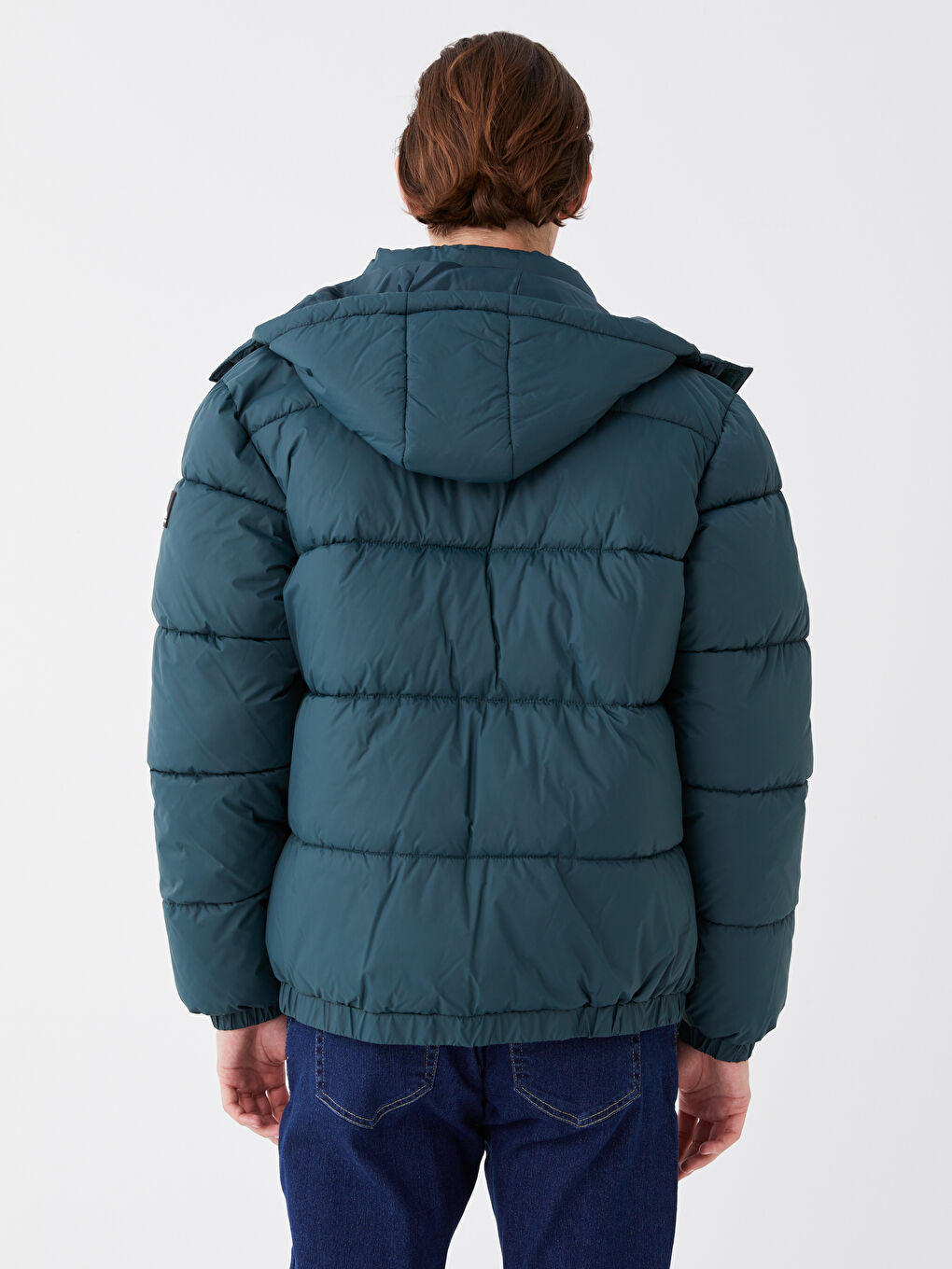 Petrol Standart Kalıp Kapüşonlu Erkek Şişme Mont-5