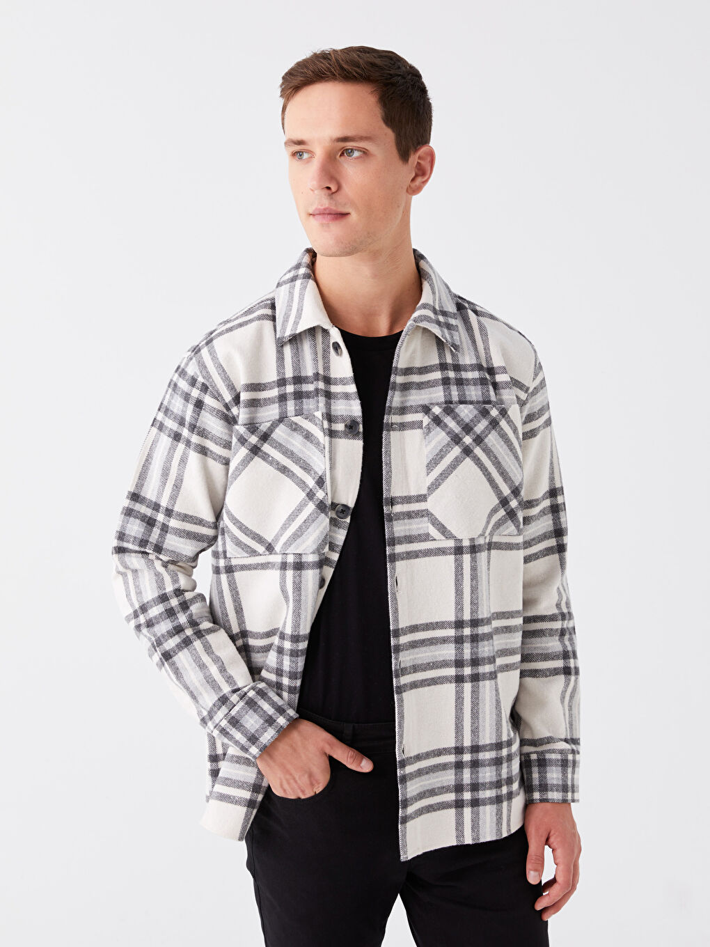 Regular Fit Long Sleeve Plaid Men's Shirt Jacket -W36462Z8-SZ4
