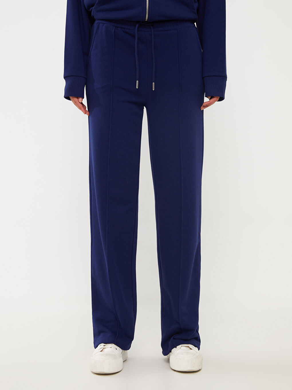 Lacivert Beli Lastikli Düz Geniş Paça Kadın Eşofman Altı-1