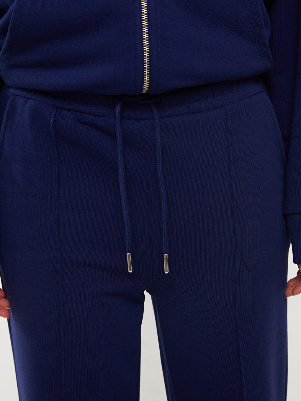 Lacivert Beli Lastikli Düz Geniş Paça Kadın Eşofman Altı-3