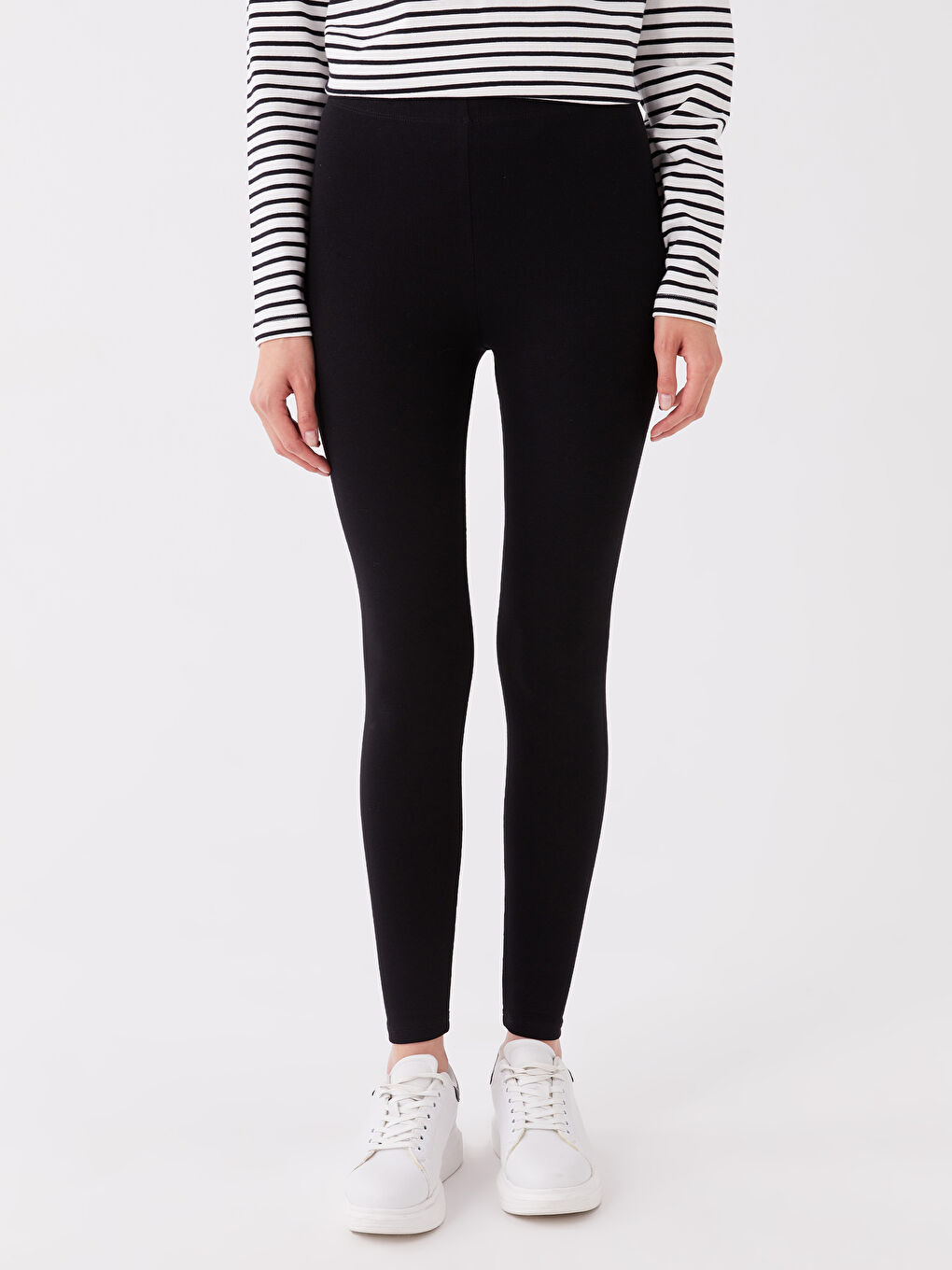 Siyah Kadın Beli Lastikli Düz Tayt-3