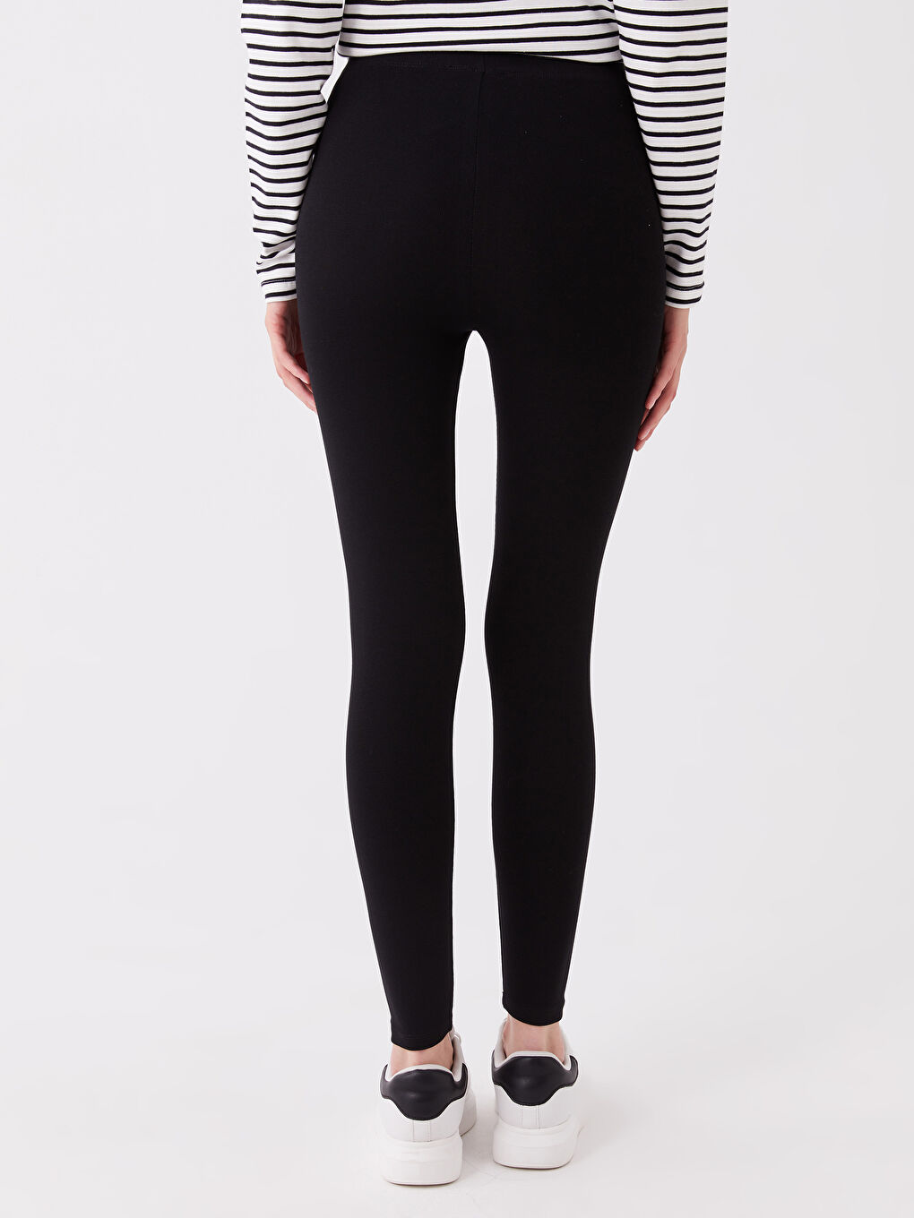 Siyah Kadın Beli Lastikli Düz Tayt-4