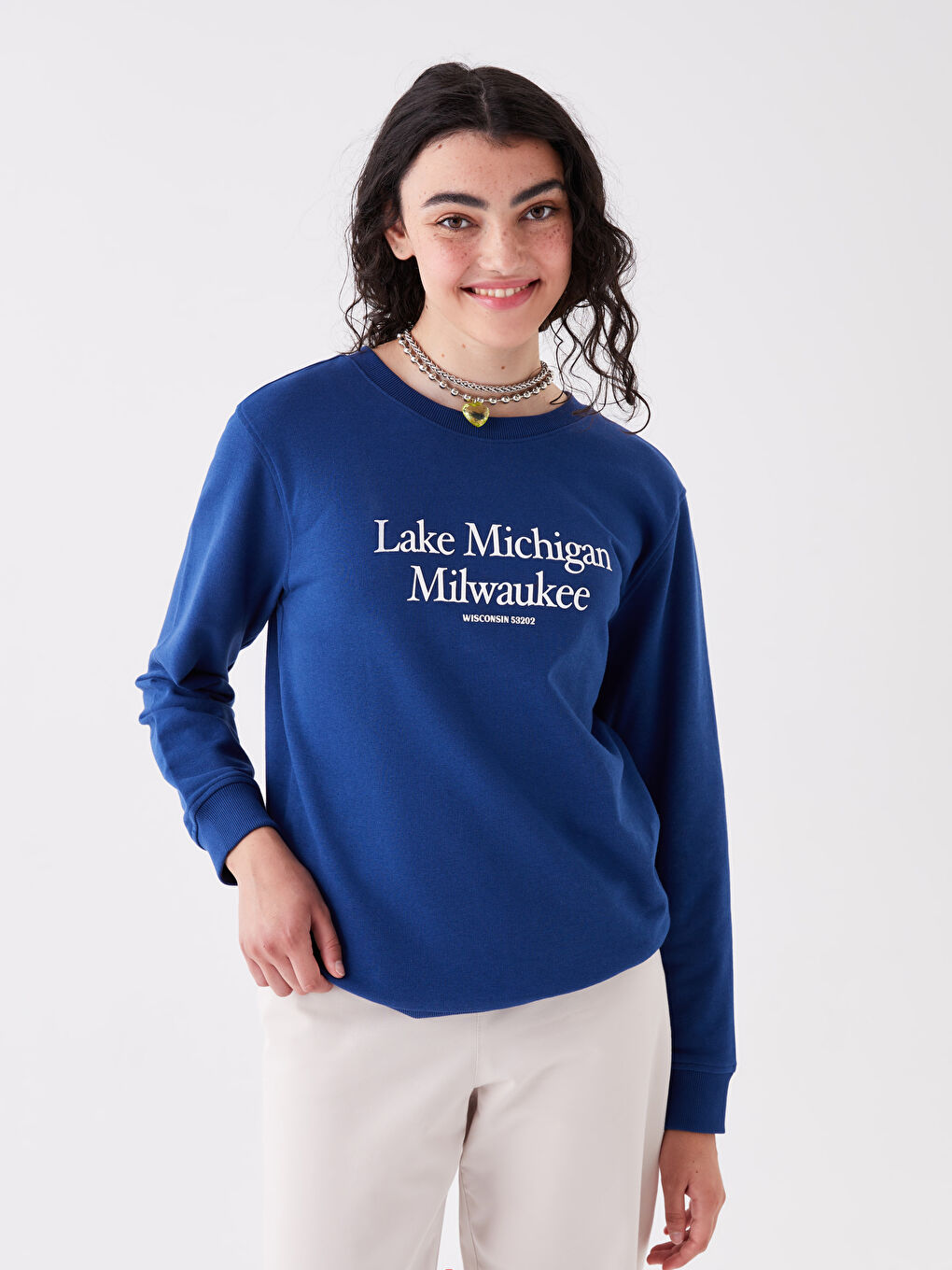 Lacivert Bisiklet Yaka Baskılı Uzun Kollu Kadın Sweatshirt