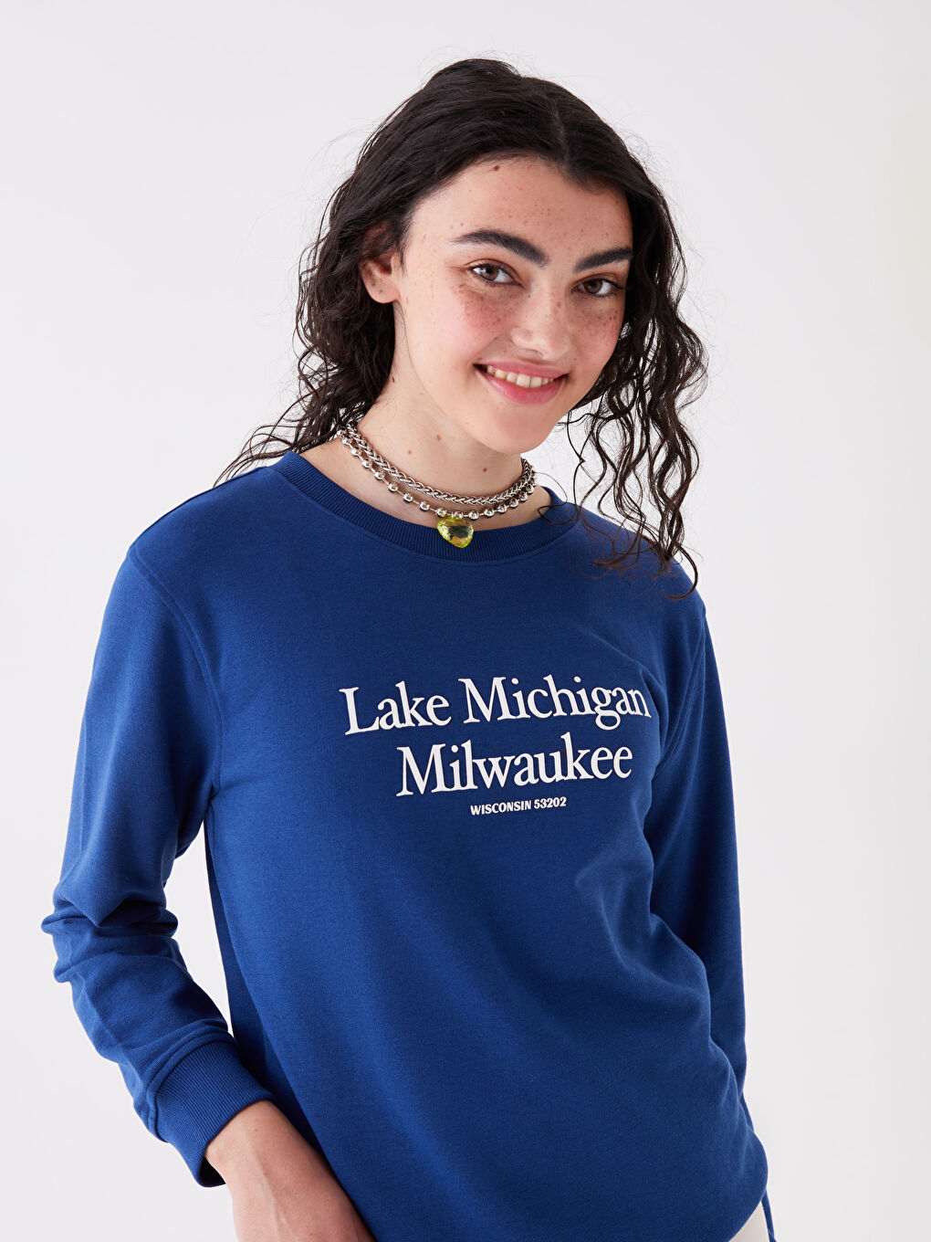 Lacivert Bisiklet Yaka Baskılı Uzun Kollu Kadın Sweatshirt-2