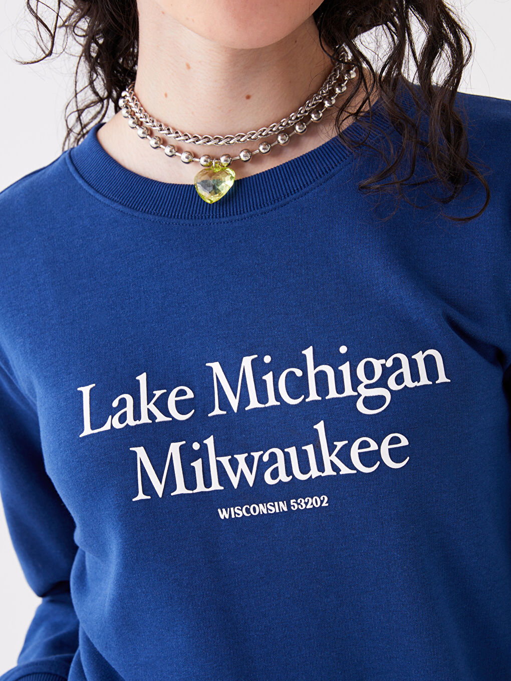 Lacivert Bisiklet Yaka Baskılı Uzun Kollu Kadın Sweatshirt-3