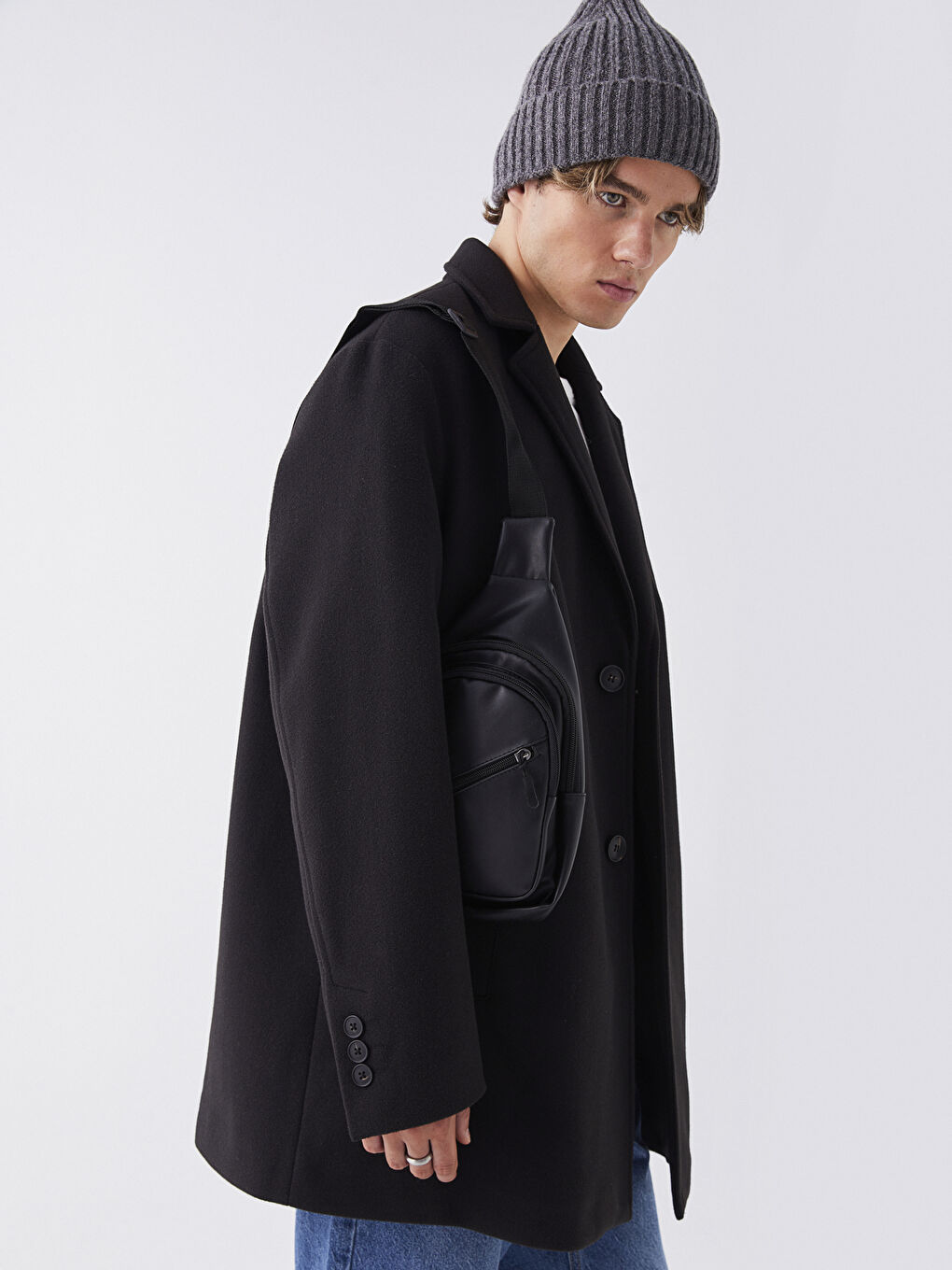 Siyah Standart Kalıp Ceket Yaka Erkek Kaşe Kaban-2