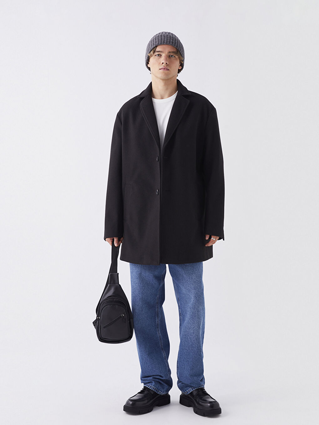 Siyah Standart Kalıp Ceket Yaka Erkek Kaşe Kaban-3