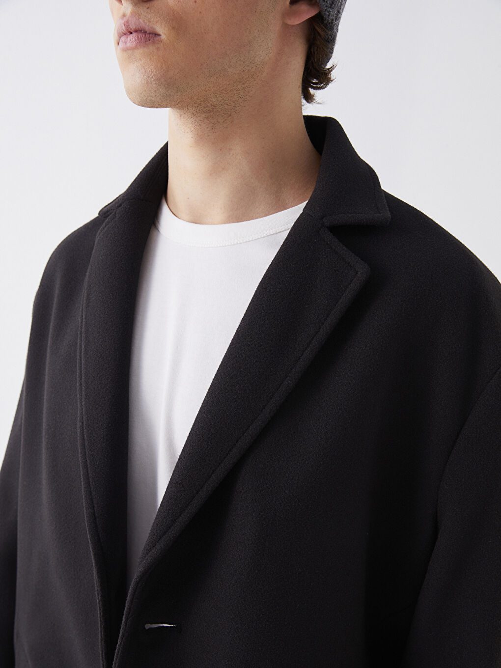 Siyah Standart Kalıp Ceket Yaka Erkek Kaşe Kaban-4