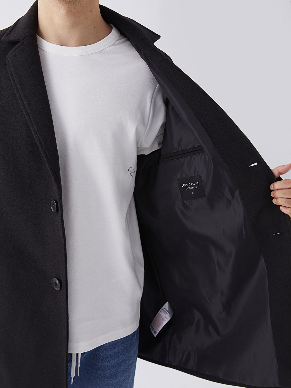 Siyah Standart Kalıp Ceket Yaka Erkek Kaşe Kaban-6