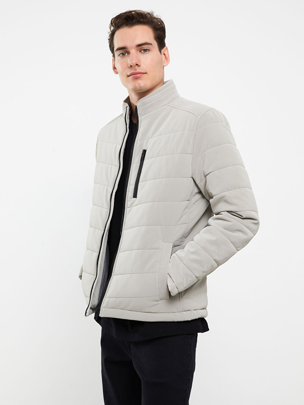 Bej Slim Fit Dik Yaka Erkek Şişme Mont