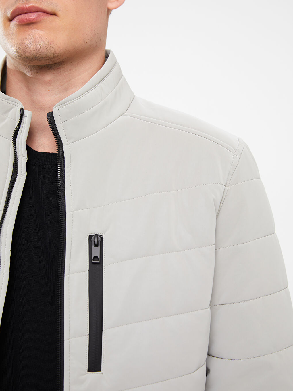 Bej Slim Fit Dik Yaka Erkek Şişme Mont-3