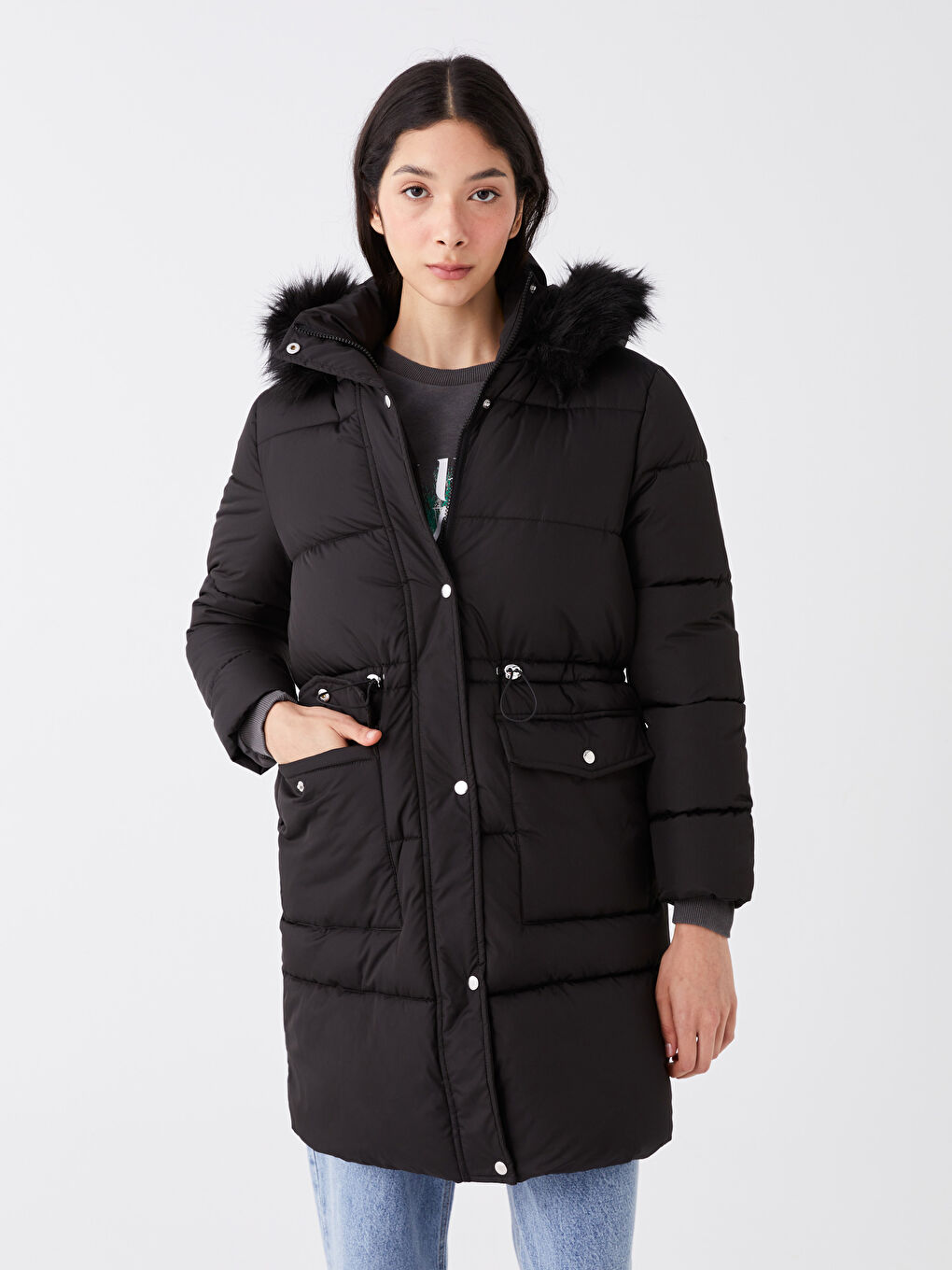 Әйелдерге арналған капюшонды өрнексіз пуховик пальто