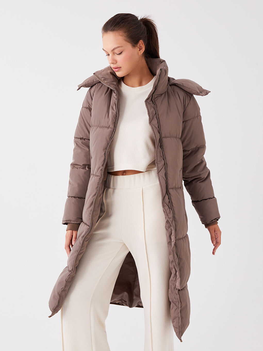 ქალებისთვის კაპიუშონიანი უბრალო დუტის ქურთუკი-1