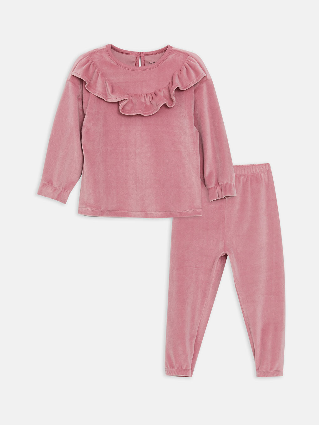 Pembe Bisiklet Yaka Uzun Kollu Kız Bebek Kadife Pijama Takımı