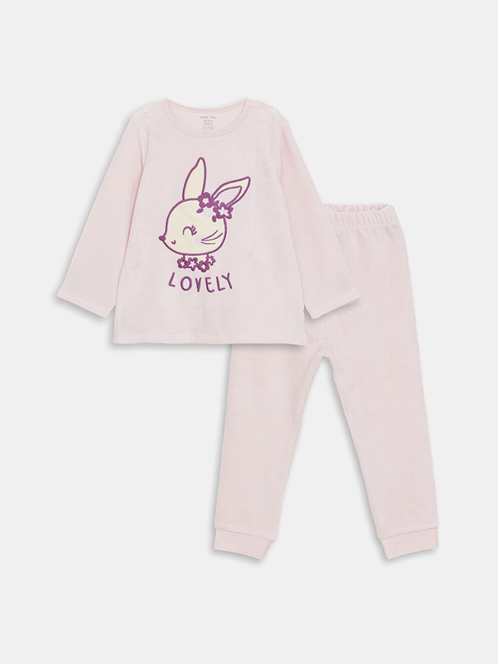 LCW baby Uçuk Lila Bisiklet Yaka Nakışlı Kız Bebek Kadife Pijama Takımı