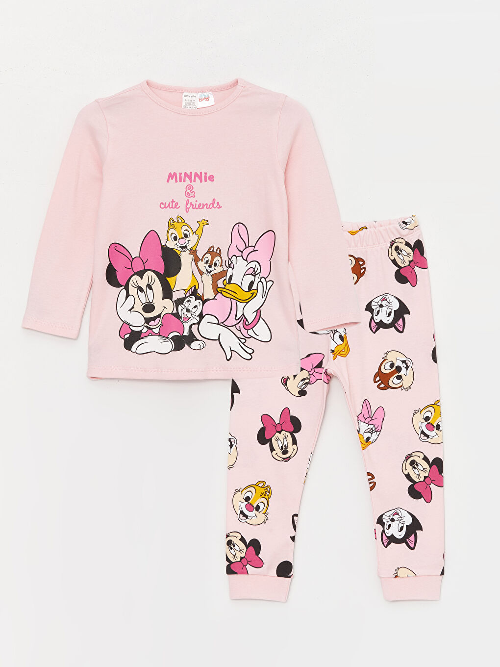 LCW baby Pembe Bisiklet Yaka Minnie Mouse Baskılı Kız Bebek Pijama Takımı