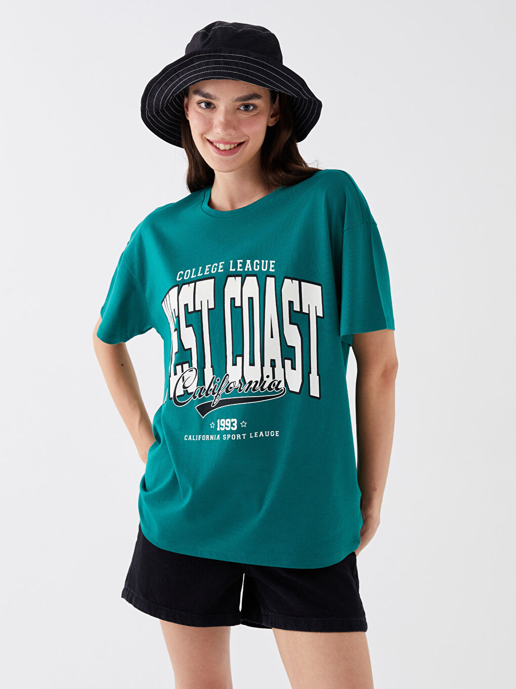 Yeşil Bisiklet Yaka Baskılı Kısa Kollu Kadın Tişört-1