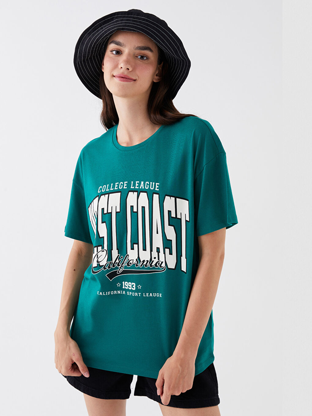 Yeşil Bisiklet Yaka Baskılı Kısa Kollu Kadın Tişört-2