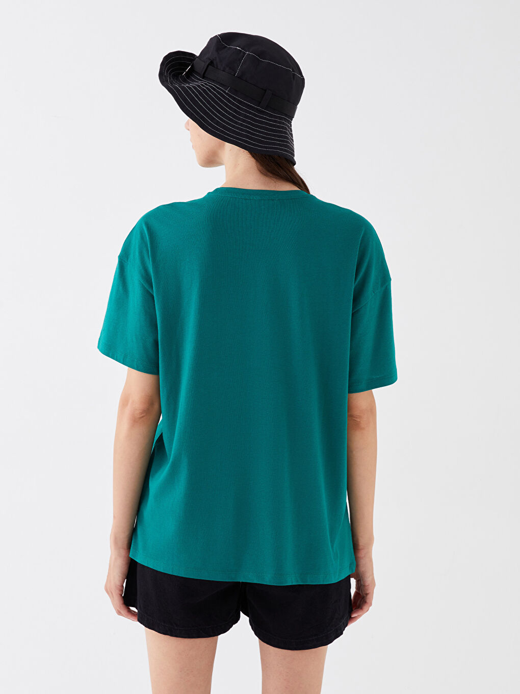 Yeşil Bisiklet Yaka Baskılı Kısa Kollu Kadın Tişört-5